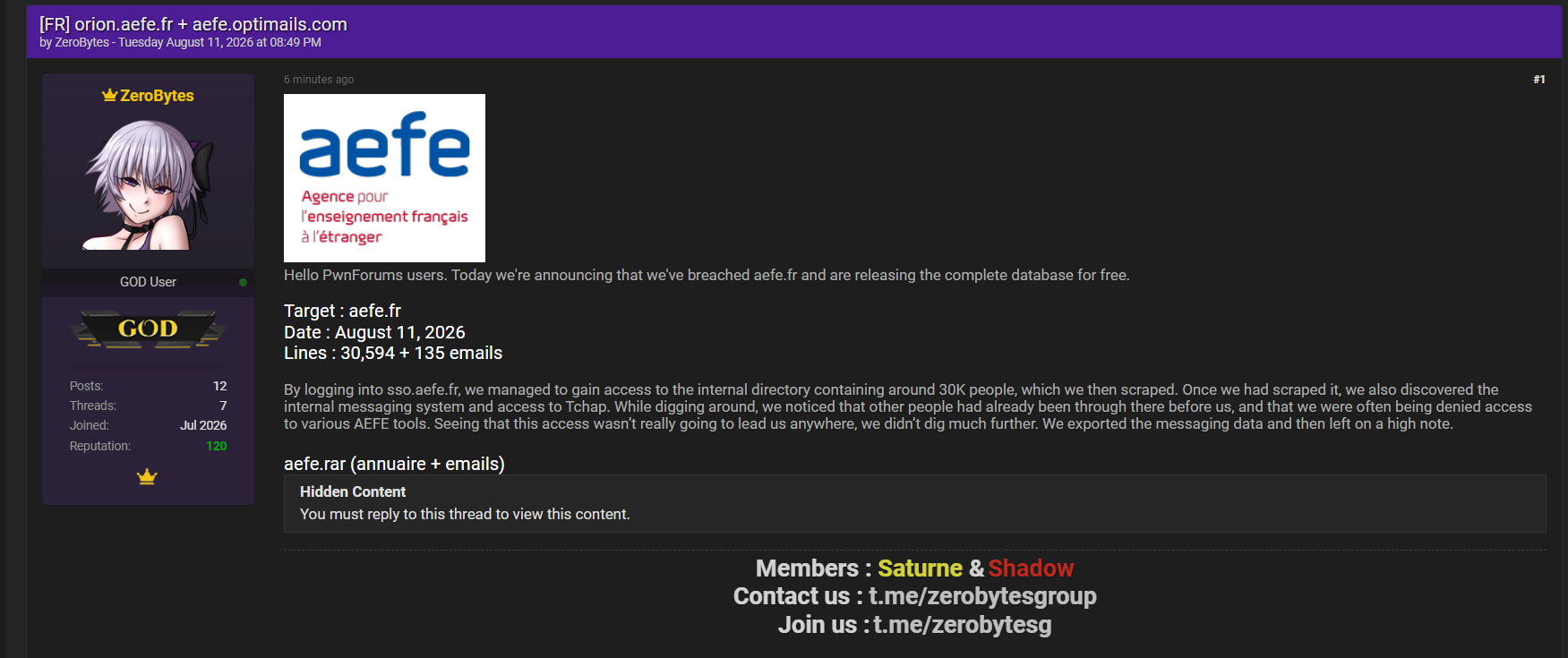 Alleged Data Breach of Agency for French Education Abroad