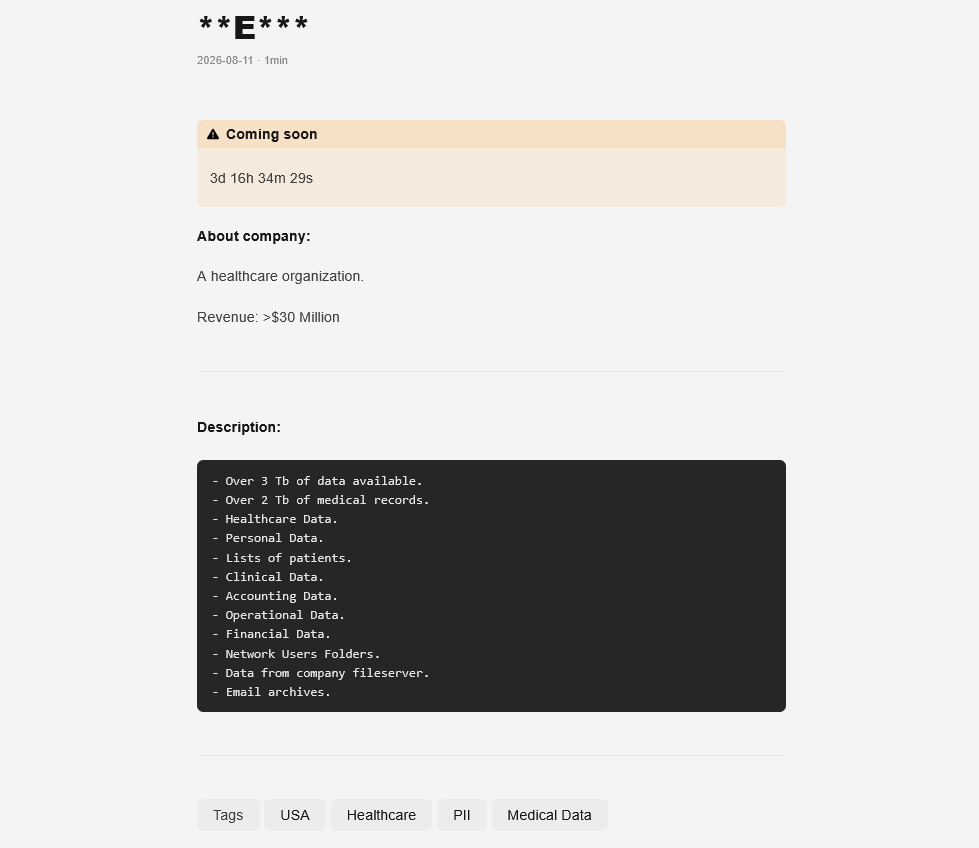 GENESIS Ransomware group has added an unidentified victim (**E***)