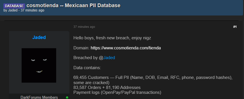 Alleged data breach of Cosmotienda