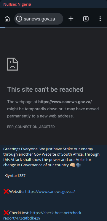 Nullsec Nigeria targets the website of South African Government News Agency