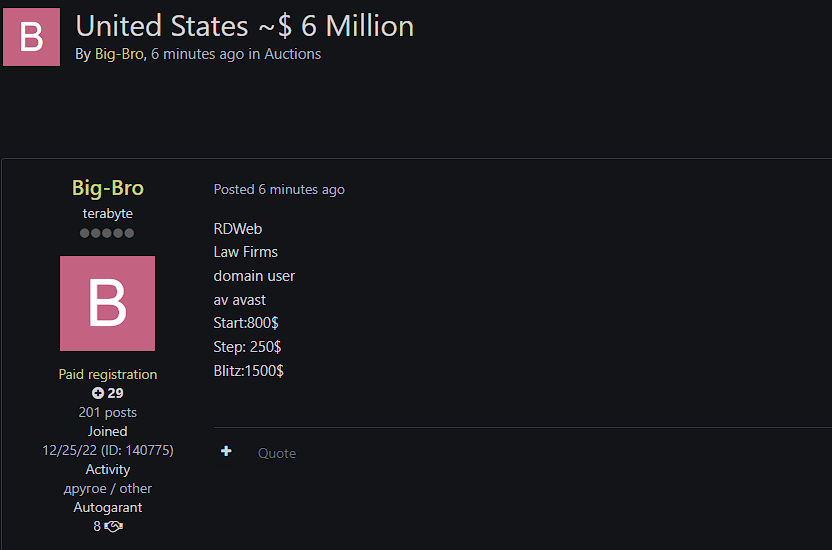 Alleged Sale of Unauthorized U.S. Law Firm RDWeb Access