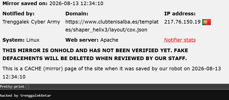 Trenggalek Cyber Army targets the website of Club de Tenis Alba de Tormes