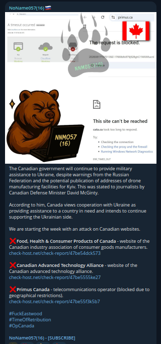 NoName targets the website of Primus.ca