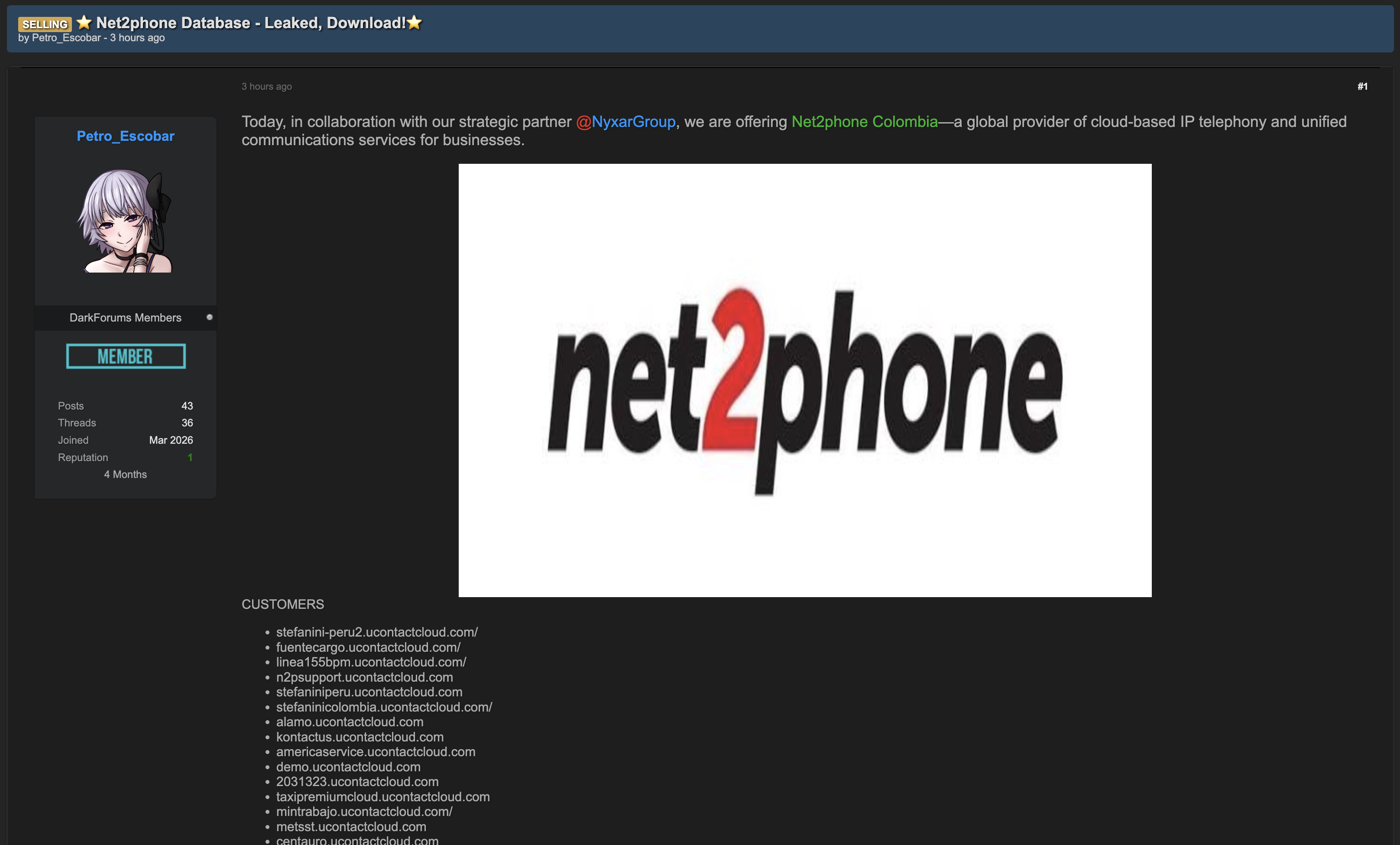 Alleged data breach of Net2phone