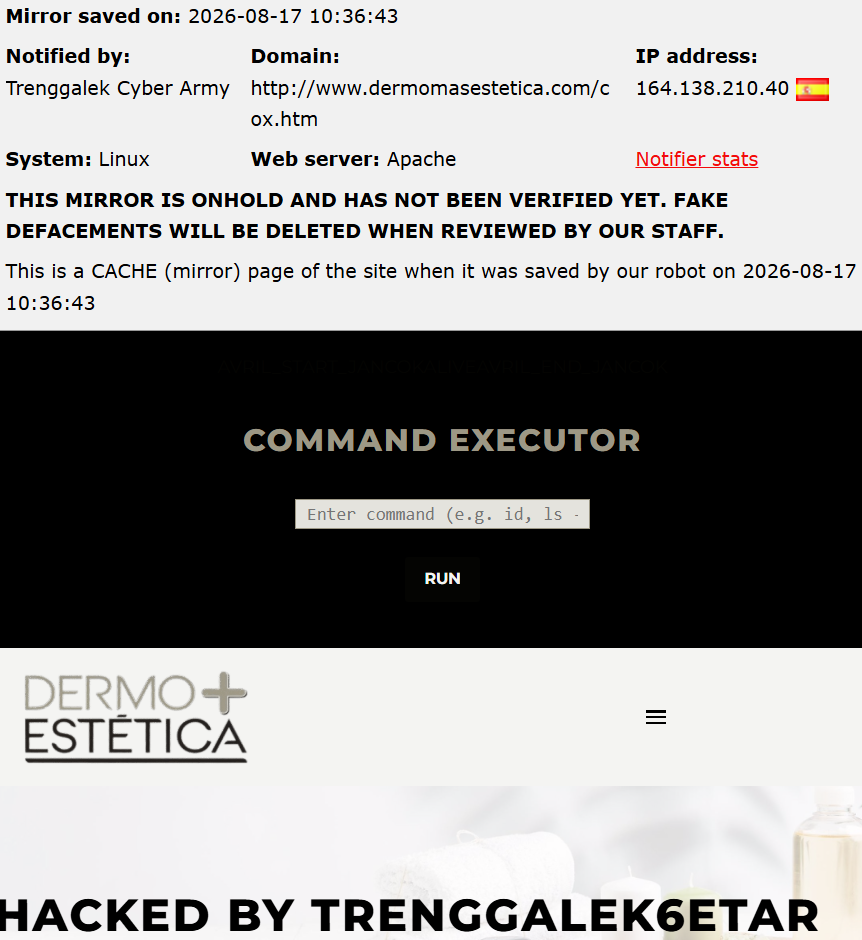 Trenggalek Cyber Army targets the website of Dermo+Estética