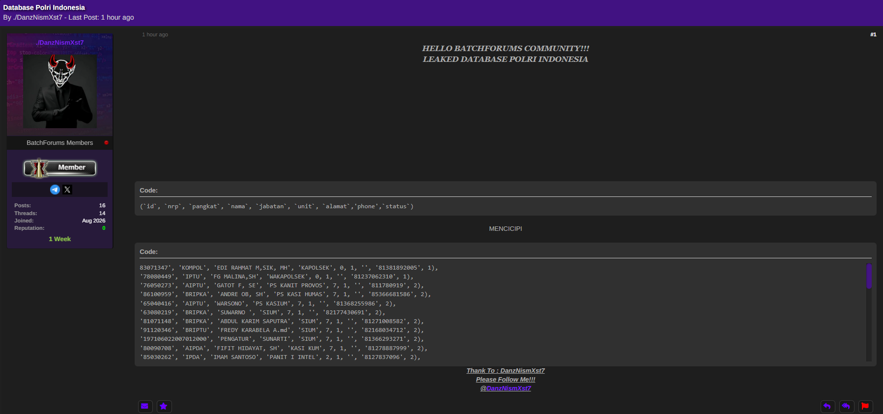 Alleged data breach of Indonesian National Police (POLRI)