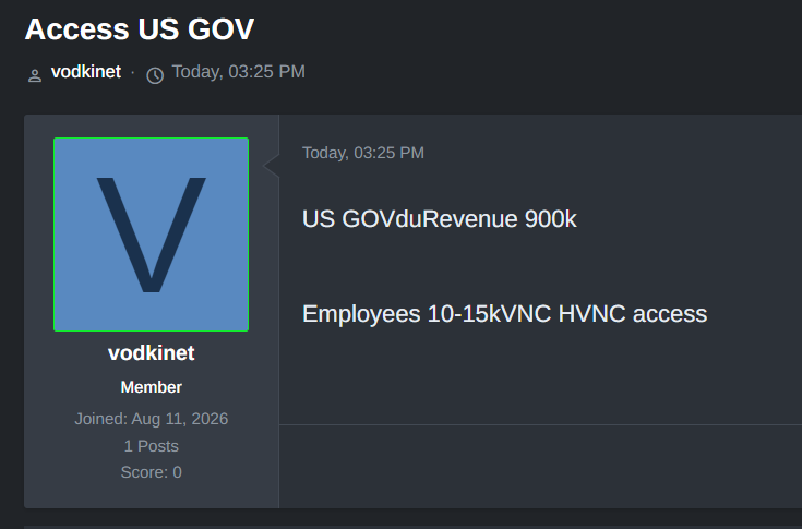 Alleged sale of unauthorized access to unidentified US government organization
