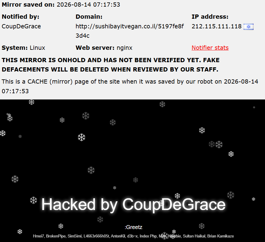 CoupDeGrace targets the website of Sushi Bayit Vegan