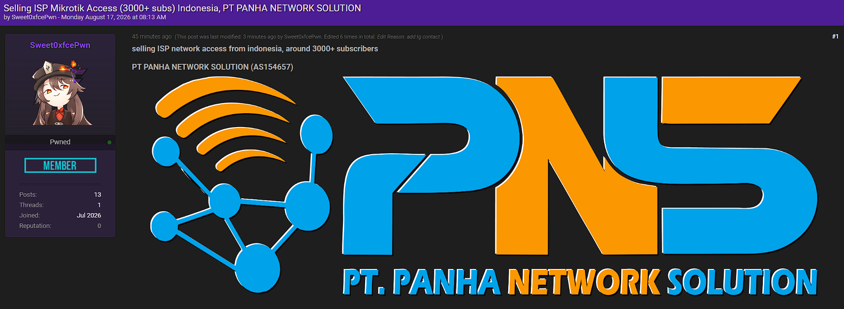 Alleged Sale of Unauthorized PT Panha Network Solution Access