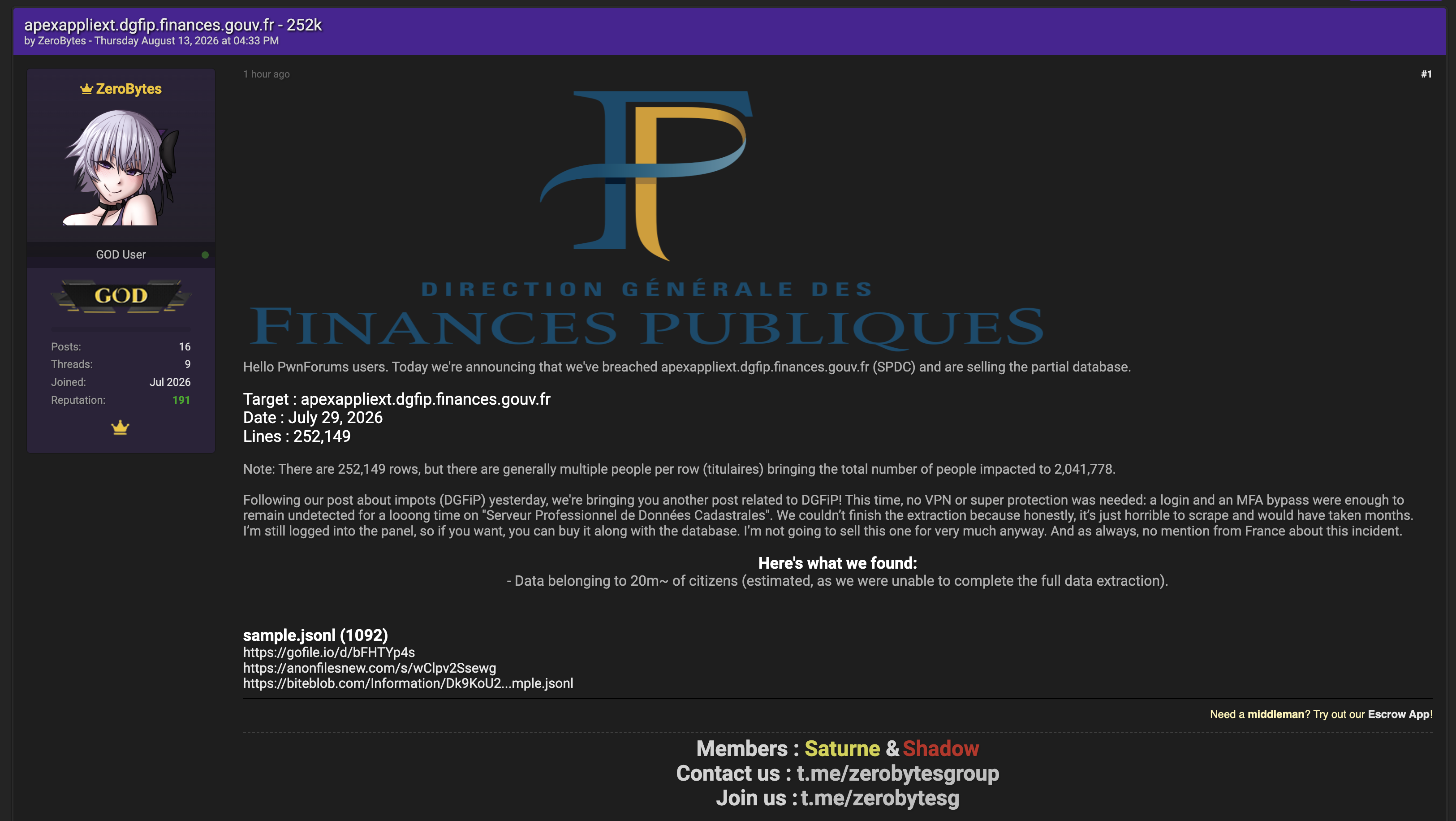 Alleged data breach of Direction Générale des Finances Publique