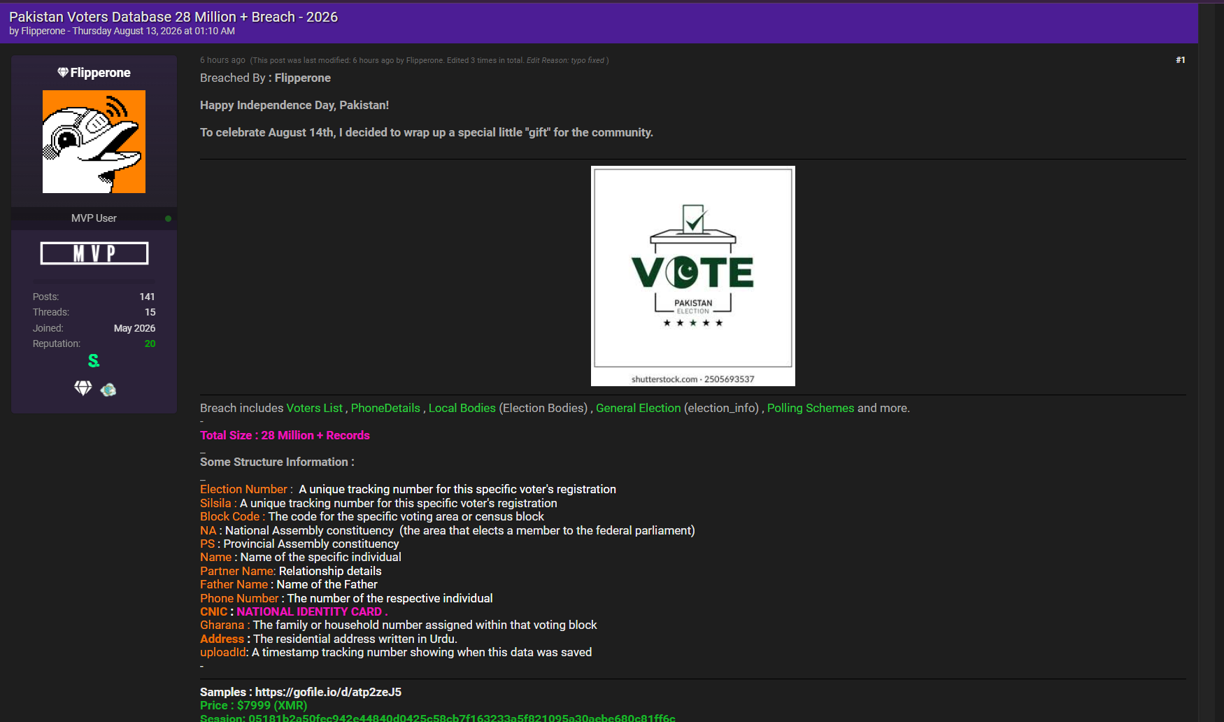 Alleged Sale of Pakistan Voters Database