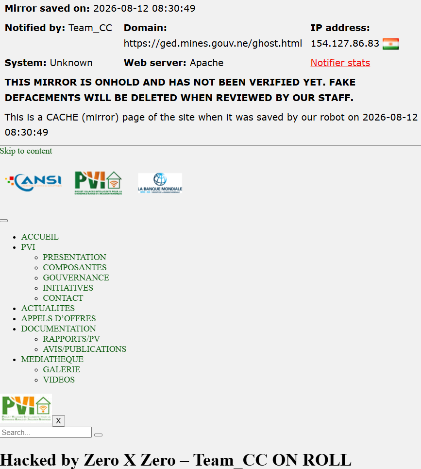Team_CC targets the website of Ministry of Mines of the Republic of Niger.