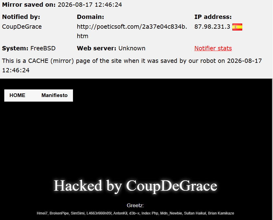 CoupDeGrace targets the website of Poeticsoft.