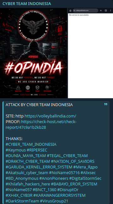 CYBER TEAM INDONESIA targets the website of Volleyball Federation of India