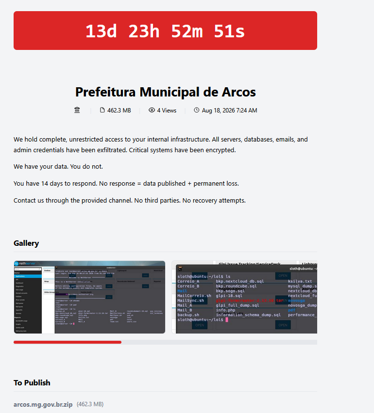 Prefeitura Municipal de Arcos Falls Victim to EMPERADOR Ransomware