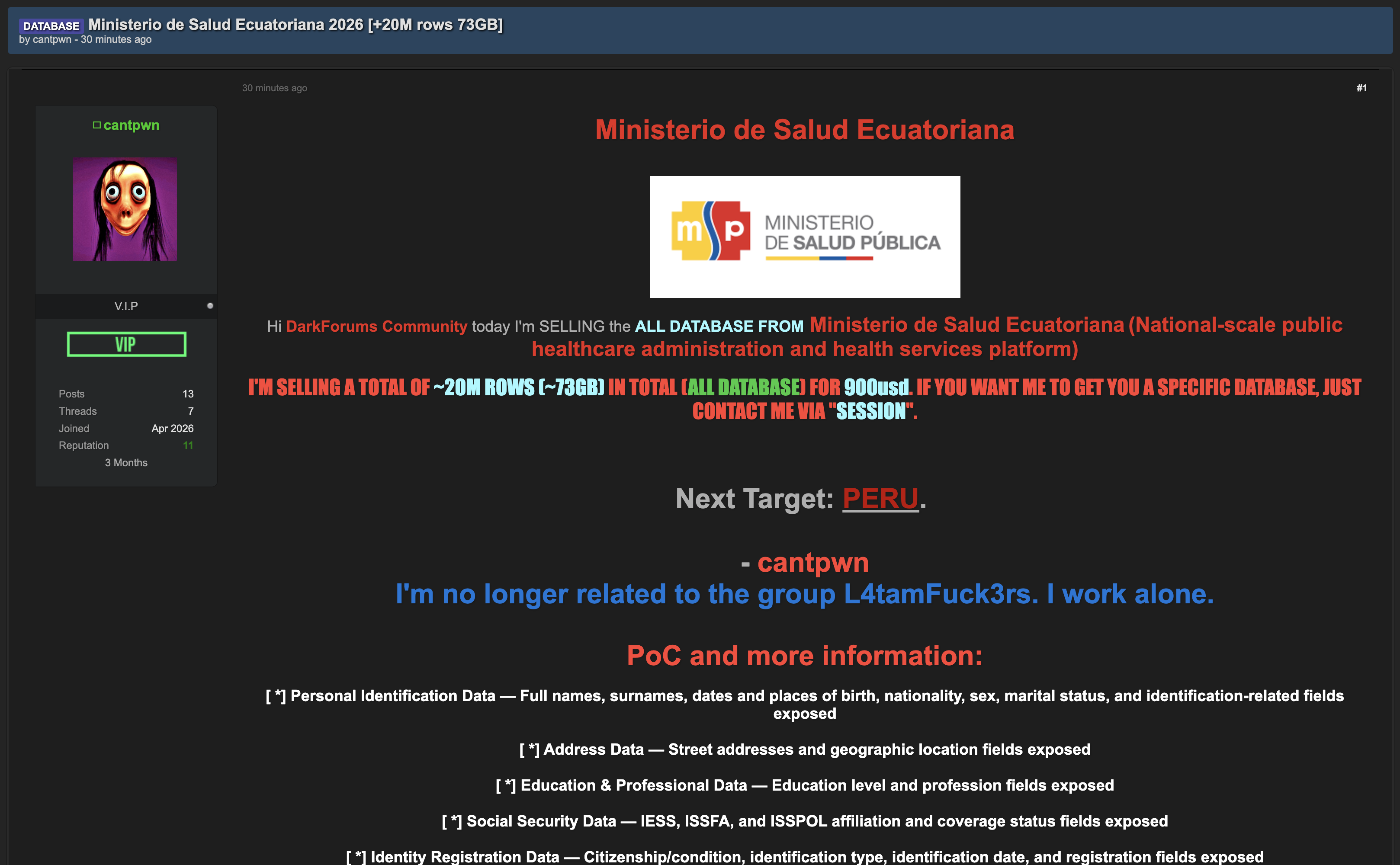Alleged Data Breach of Ministerio de Salud Pública del