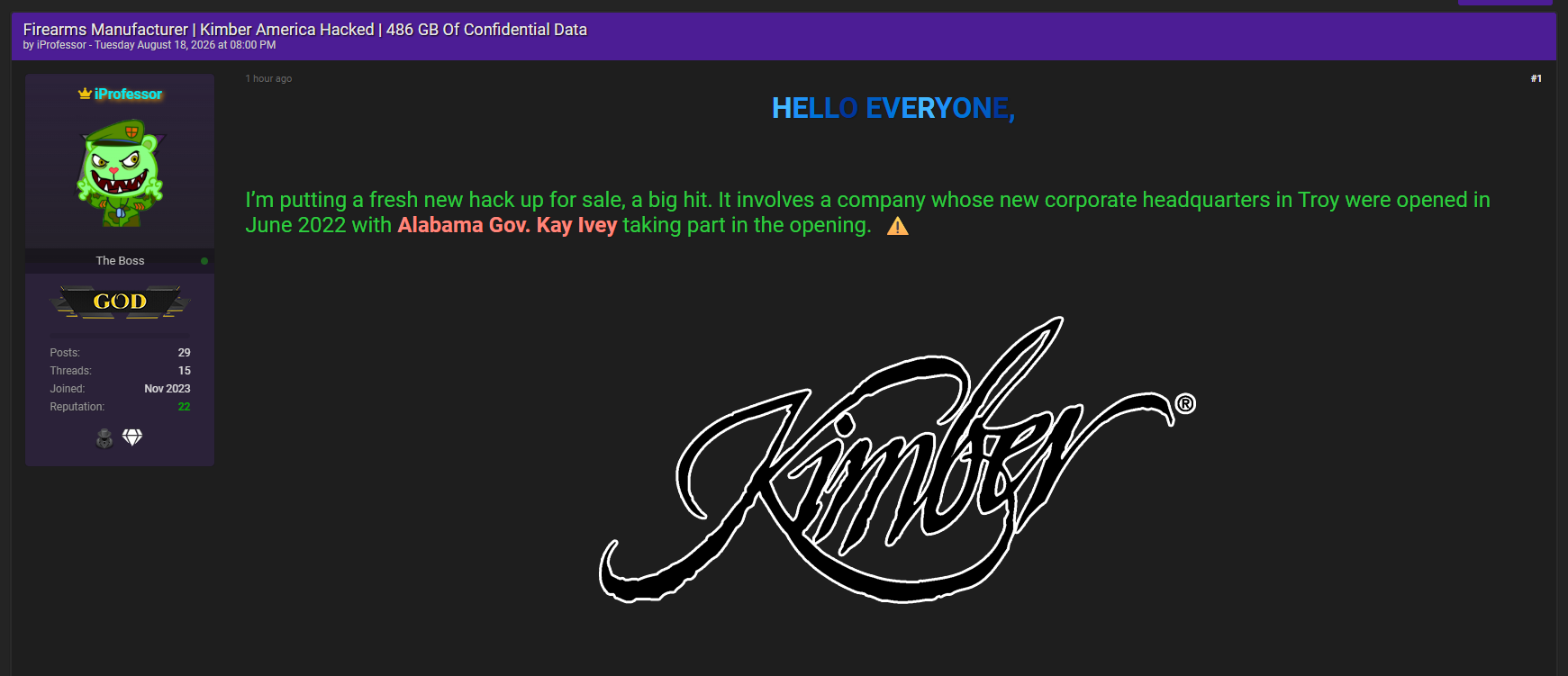 Alleged Data Breach of Kimber Mfg., Inc.
