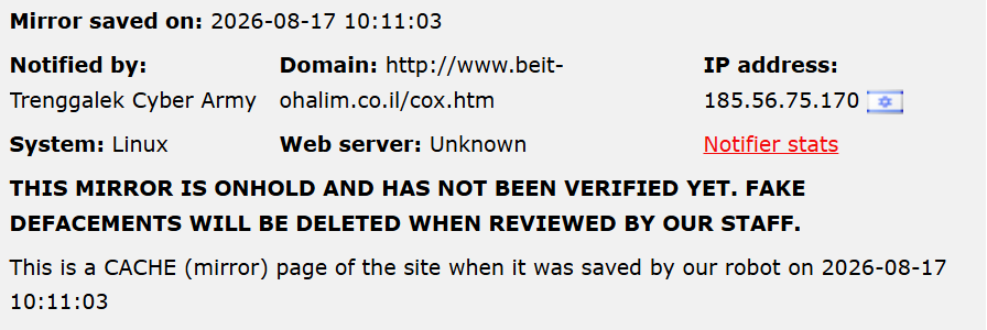 Trenggalek Cyber Army targets the website of Beit HaOhalim