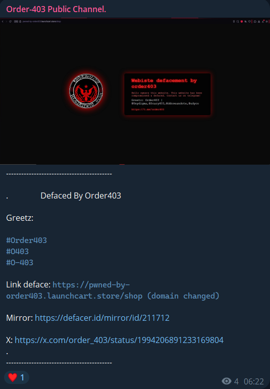 Order403针对Launch Cart网站
