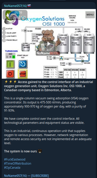 Alleged Unauthorized Access to an unidentified Oxygen Generation Control System in Canada