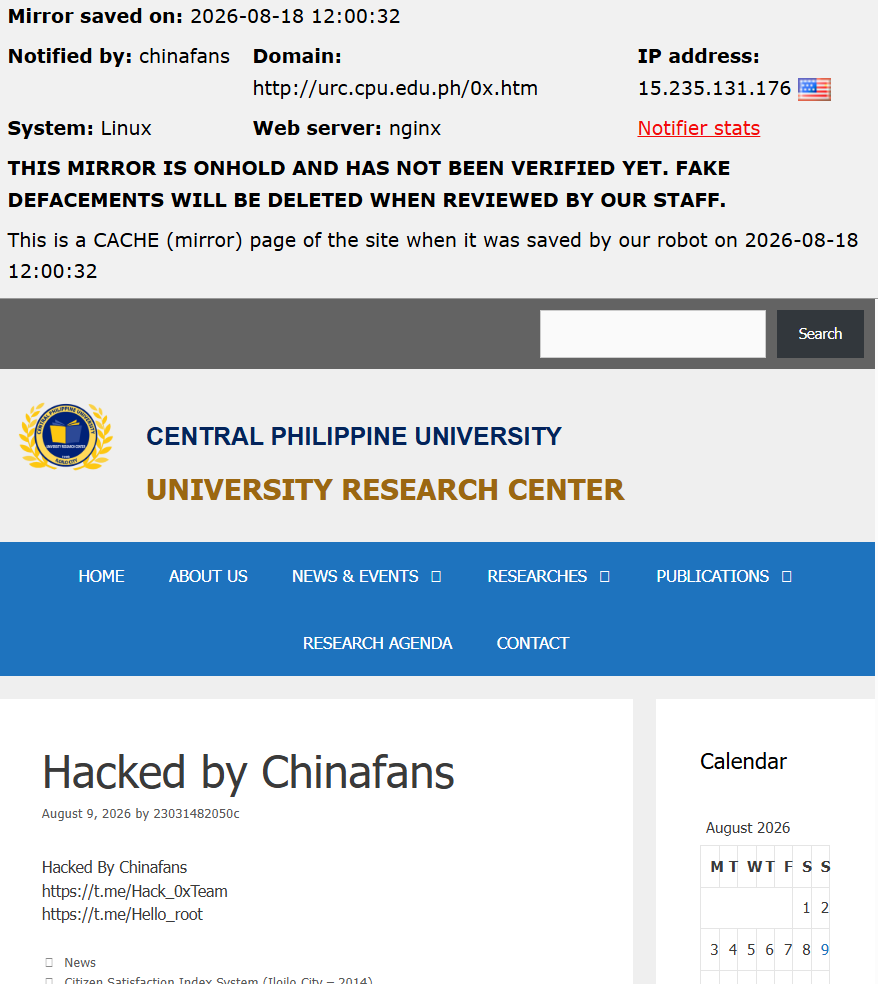 chinafans targets the website of Central Philippine University (CPU)