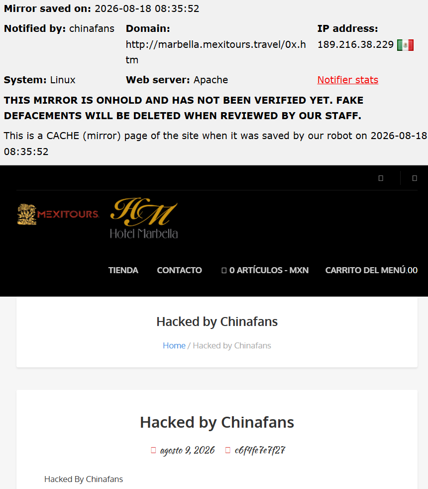 chinafans targets the website of Mexitours S.A. de C.V.