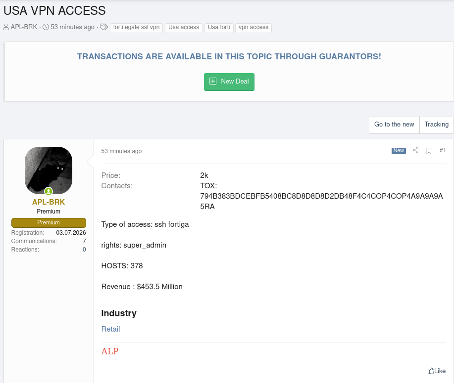 Alleged sale of unauthorized access to an unidentified retail organization in the USA