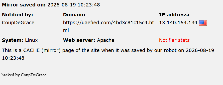 CoupDeGrace targets the website of Uaefied Business Directory