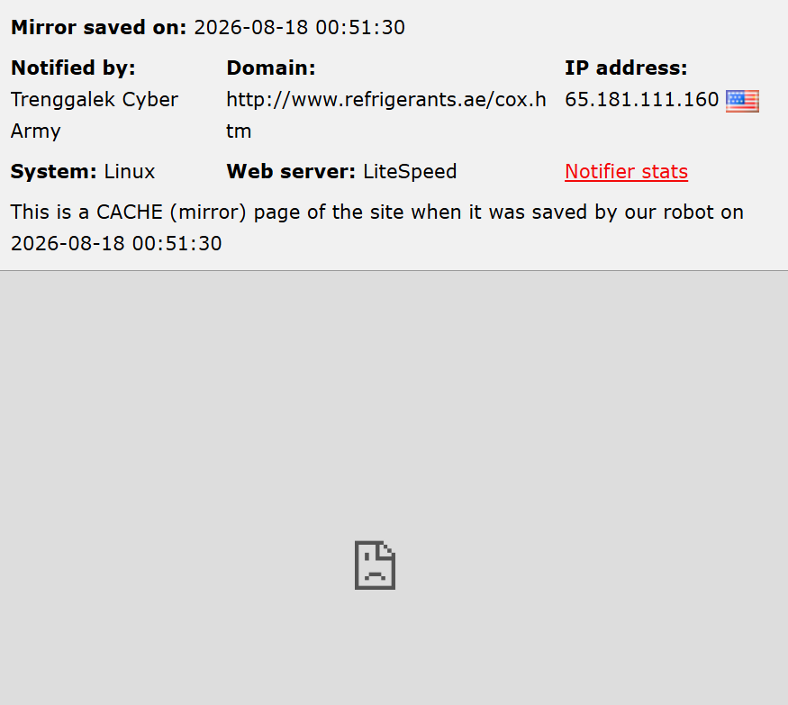 Trenggalek Cyber Army targets the website of Refrigerants Trading LLC