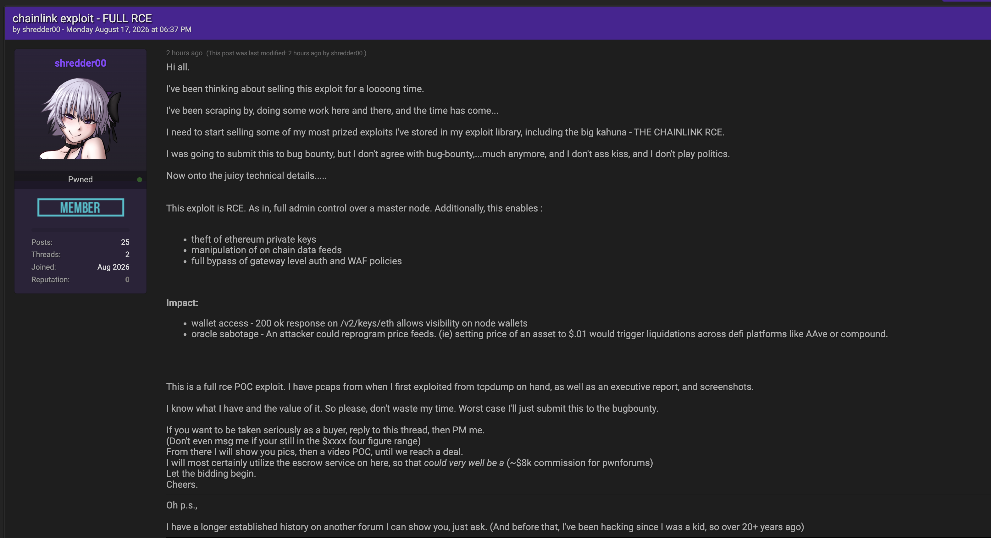 Alleged sale of Chainlink RCE Vulnerability