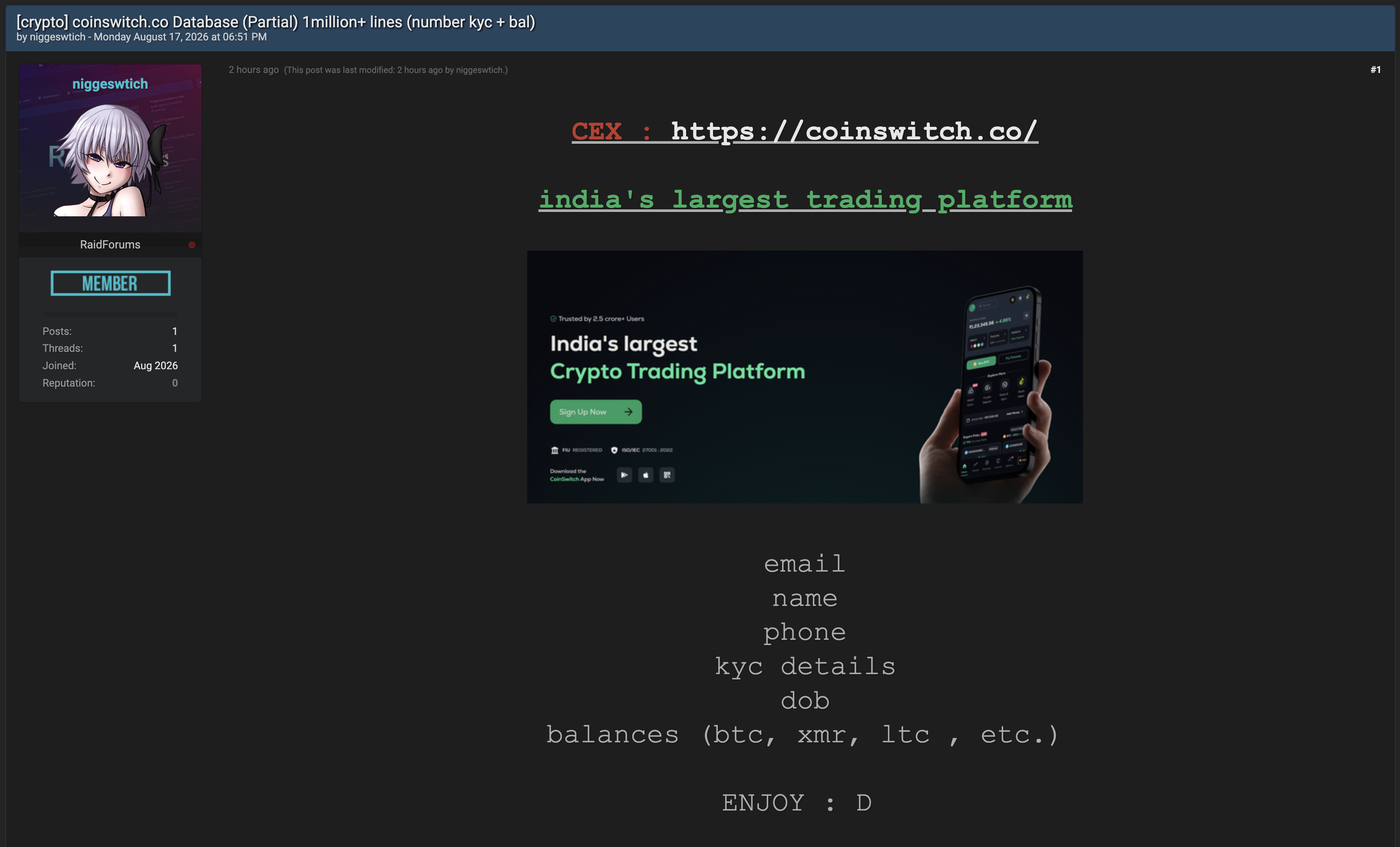 Alleged Data Breach of CoinSwitch