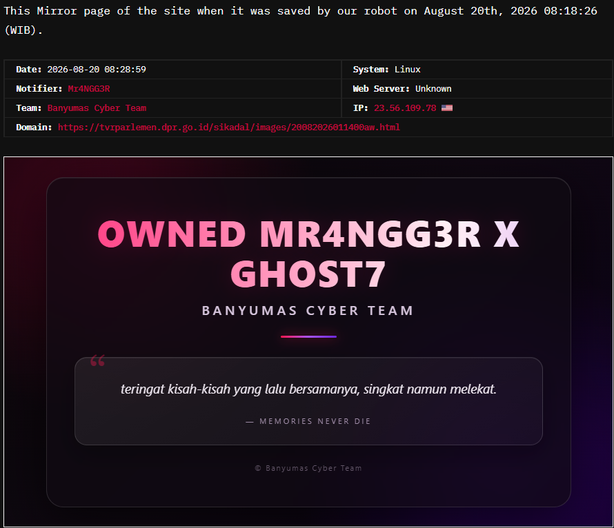 Banyumas Cyber Team targets the website of TVR Parlemen