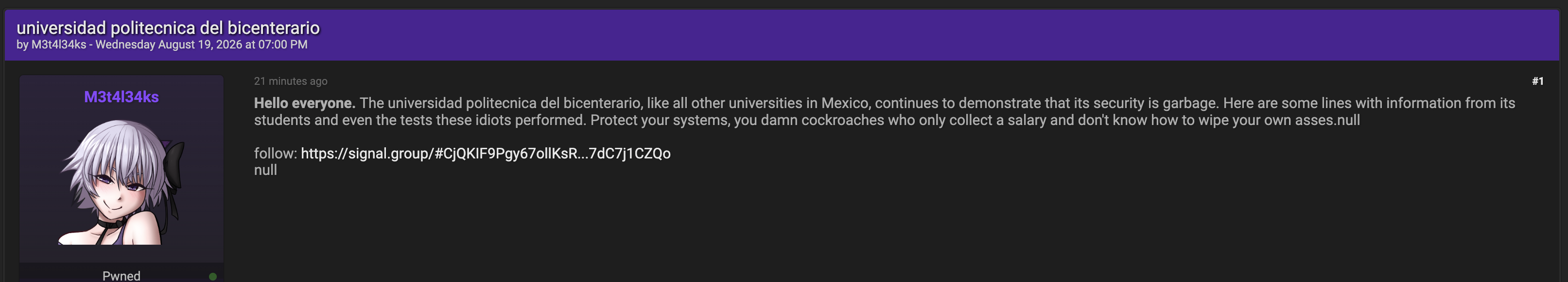 Alleged Data Breach of Universidad Politécnica del Bicentenario