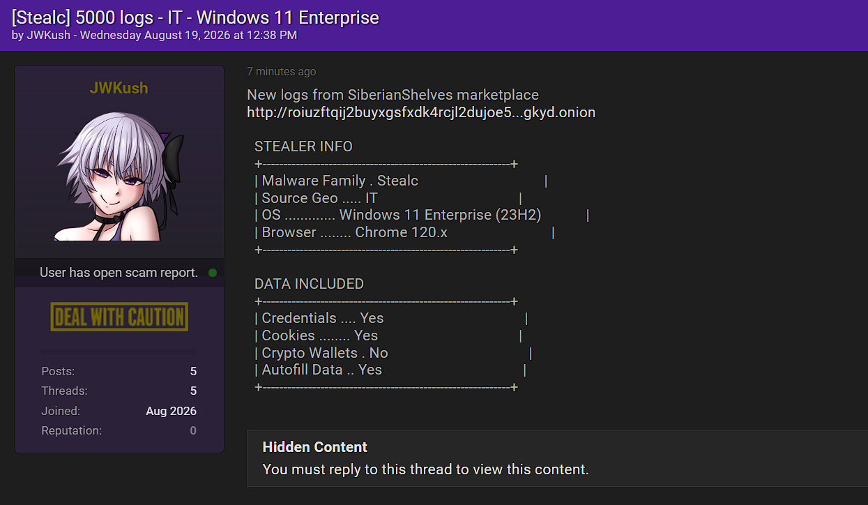 Alleged sale of 5,000 Stealc Malware Logs