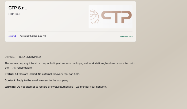 Ctp srl Company Trafil Production Falls Victim to TITAN Ransomware