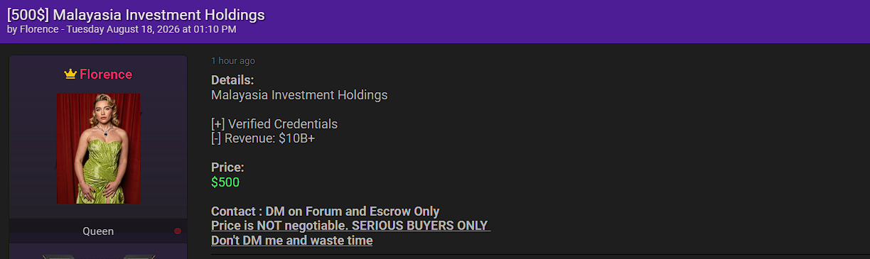 Alleged sale of Malaysia Investment Holdings Verified Credentials