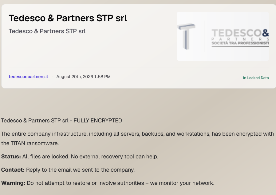 Tedesco & Partners STP srl Falls Victim to TITAN Ransomware