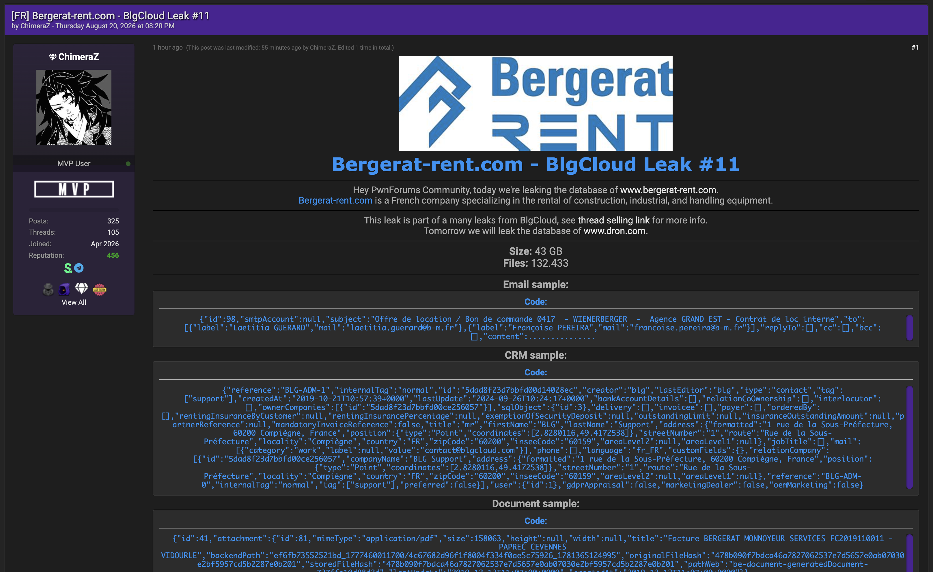 Alleged Data Breach of BERGERAT RENT