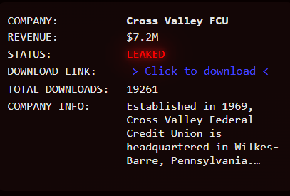 Cross Valley Federal Credit Union Falls Victim to LEAKEDDATA Ransomware