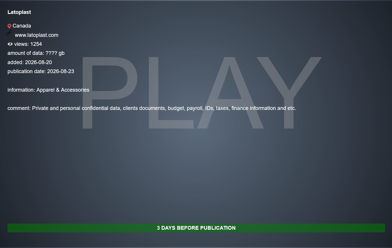 Latoplast Ltd Falls Victim to PLAY Ransomware