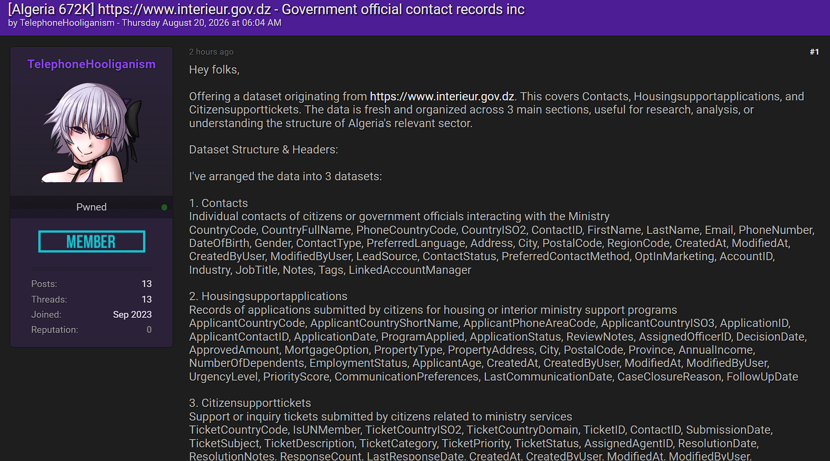 Alleged Sale of Algerian Ministry of Interior Database