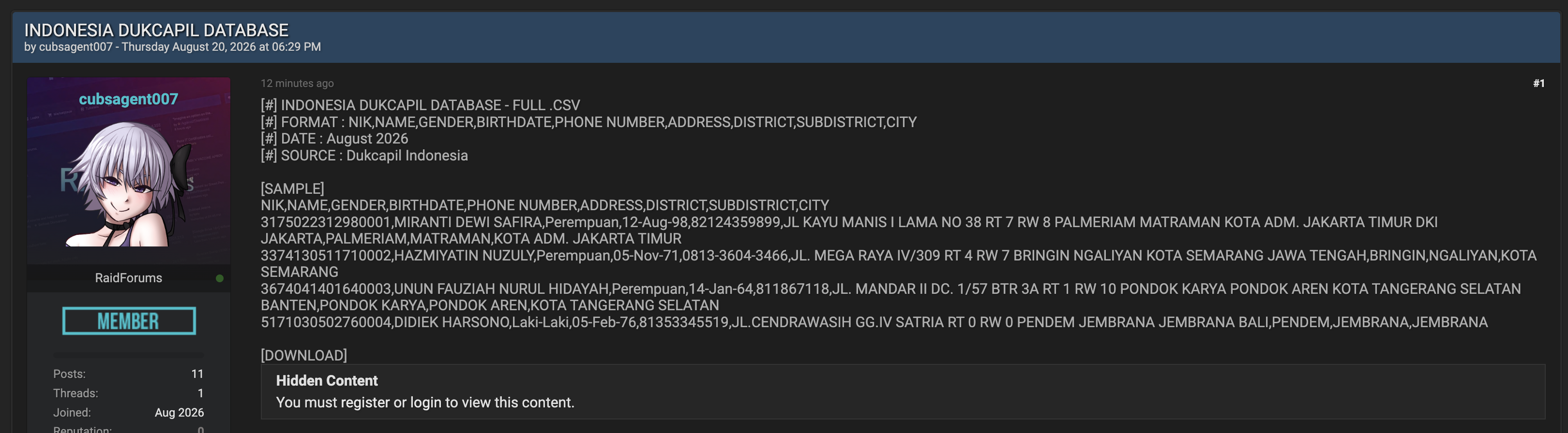 Alleged data leak of Dukcapil Indonesia