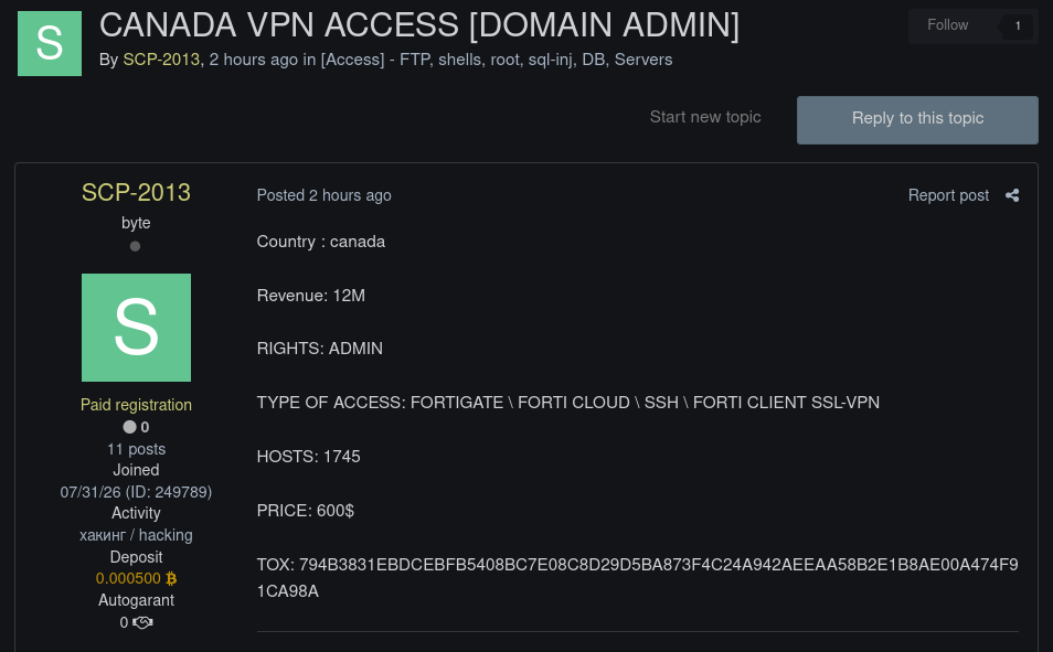 Alleged sale of unauthorized access to an unidentified organization in Canada