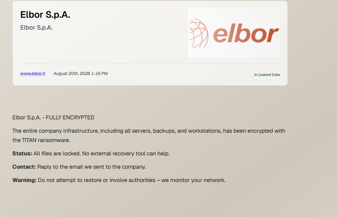 Elbor S.p.A. Falls Victim to TITAN Ransomware