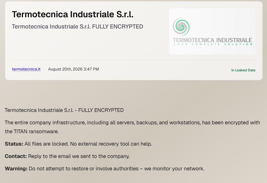 TERMOTECNICA INDUSTRIALE S.r.l. Falls Victim to TITAN Ransomware