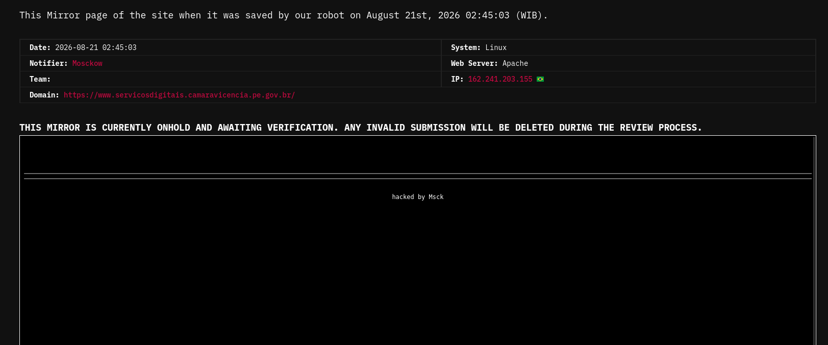 CoupDeGrace targets the website of Mosckow Câmara Municipal de Vicencia