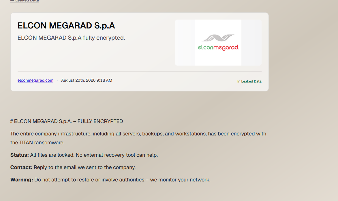 Elcon Megarad S.p.A. Falls Victim to TITAN Ransomware