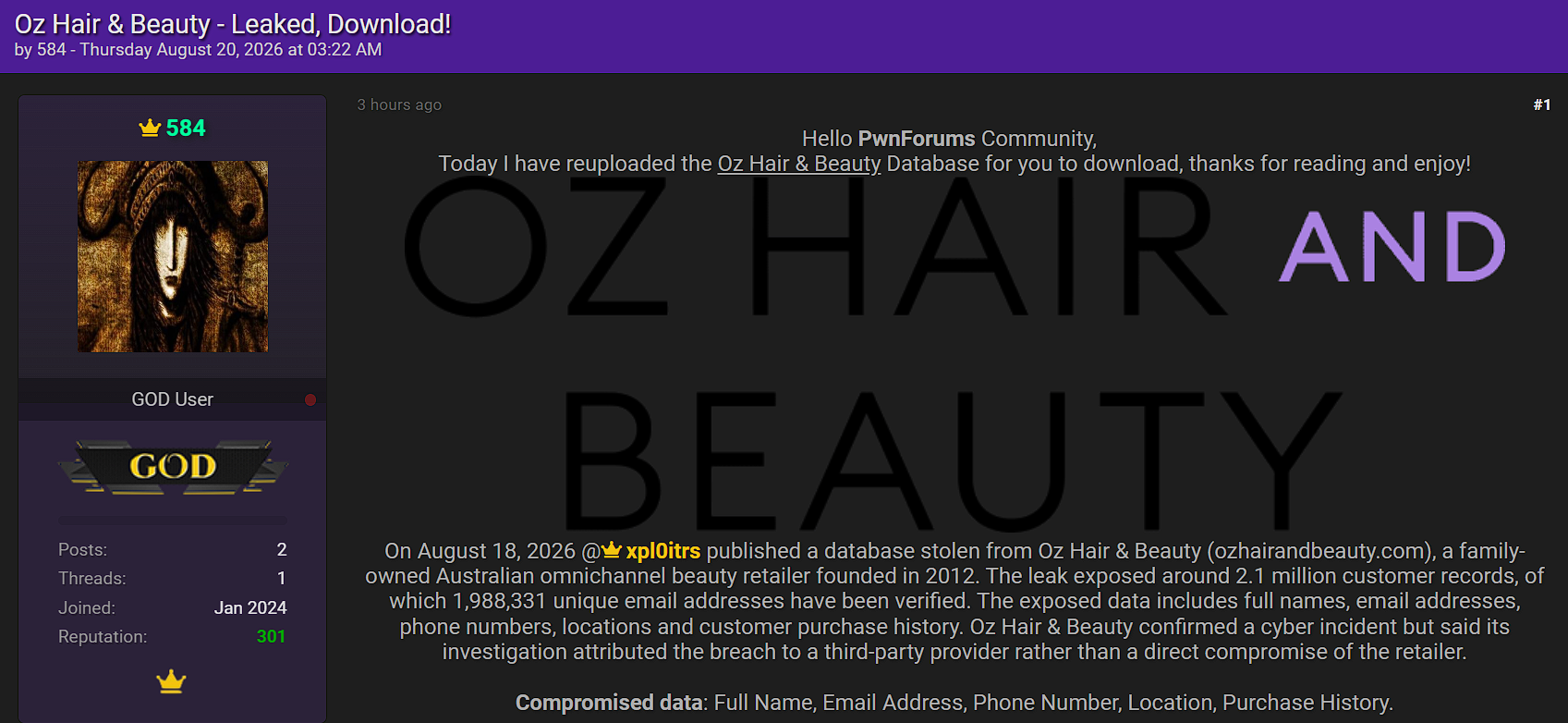 Alleged Data Leak of Oz Hair and Beauty