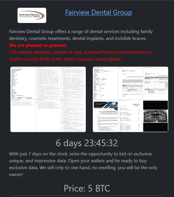 Fairview Dental Group Falls Victim to Rhysida Ransomware