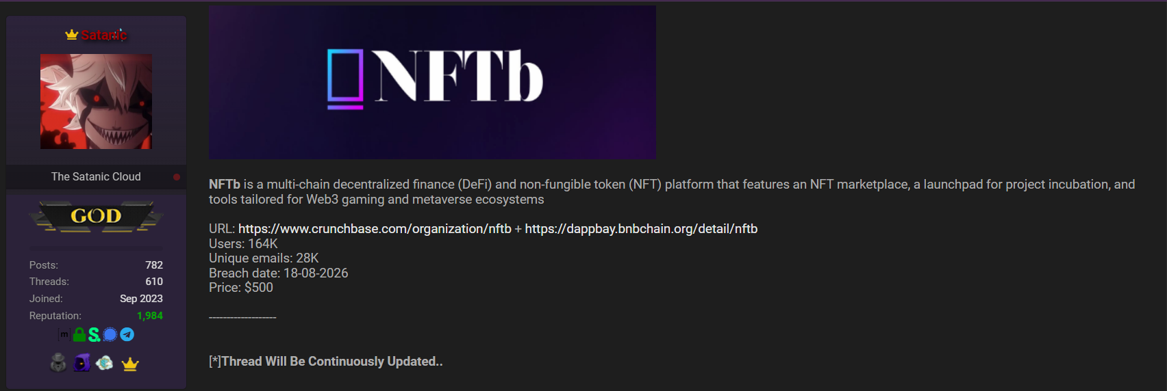 Alleged data breach of NFTB